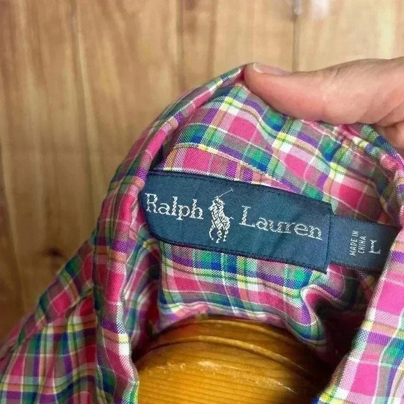*Ralph Lauren Pink Plaid Button Down Long Sleeved Men’s Size L - Picture 6 of 6